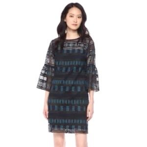 Trina Turk Black and Blue Geometric Lace Dreamland Shift Mini Dress 0 X-Small
